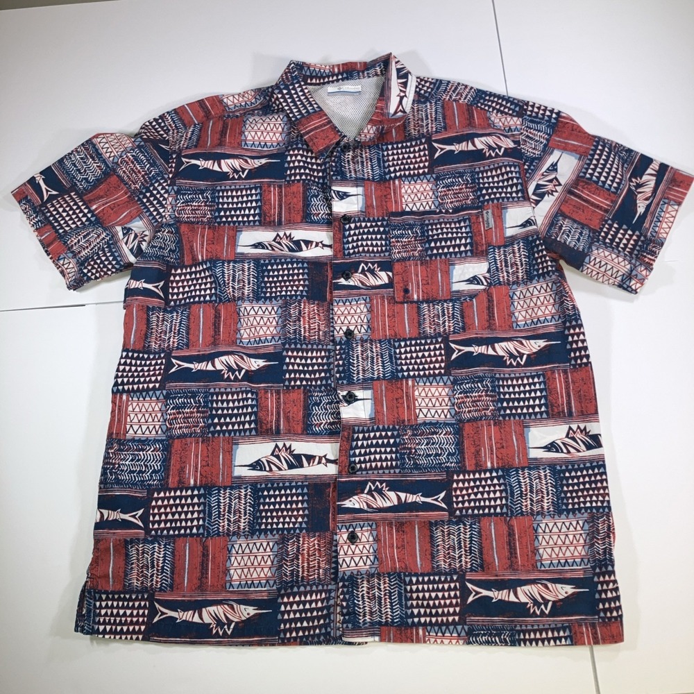 Columbia Shirt Mens L‎ PFG Performance Fishing Red White Blue Marlin Fish Print